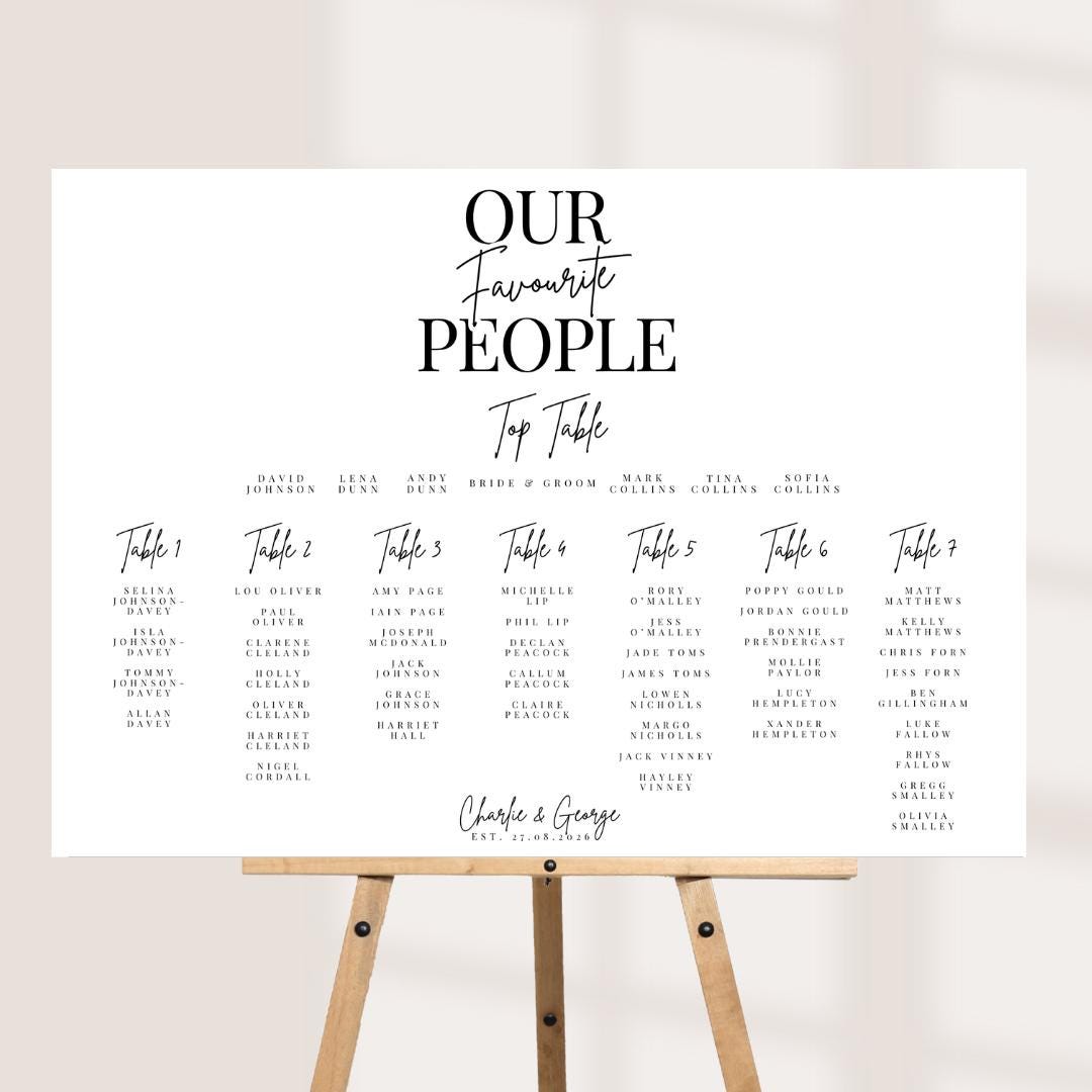 Our Favourite People Seating Plan Board, Personalised Wedding Table Plan, Minimalist Seating Chart, Portrait or Landscap