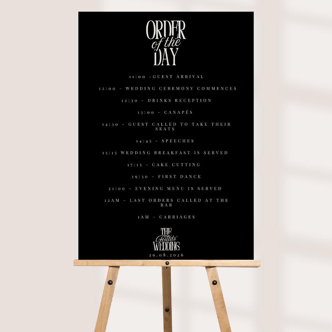 Wedding Order of the Day Sign, Personalised Timeline Board, Modern Wedding Schedule, Portrait or Landscape A1,A2,A3 x 3 Colours