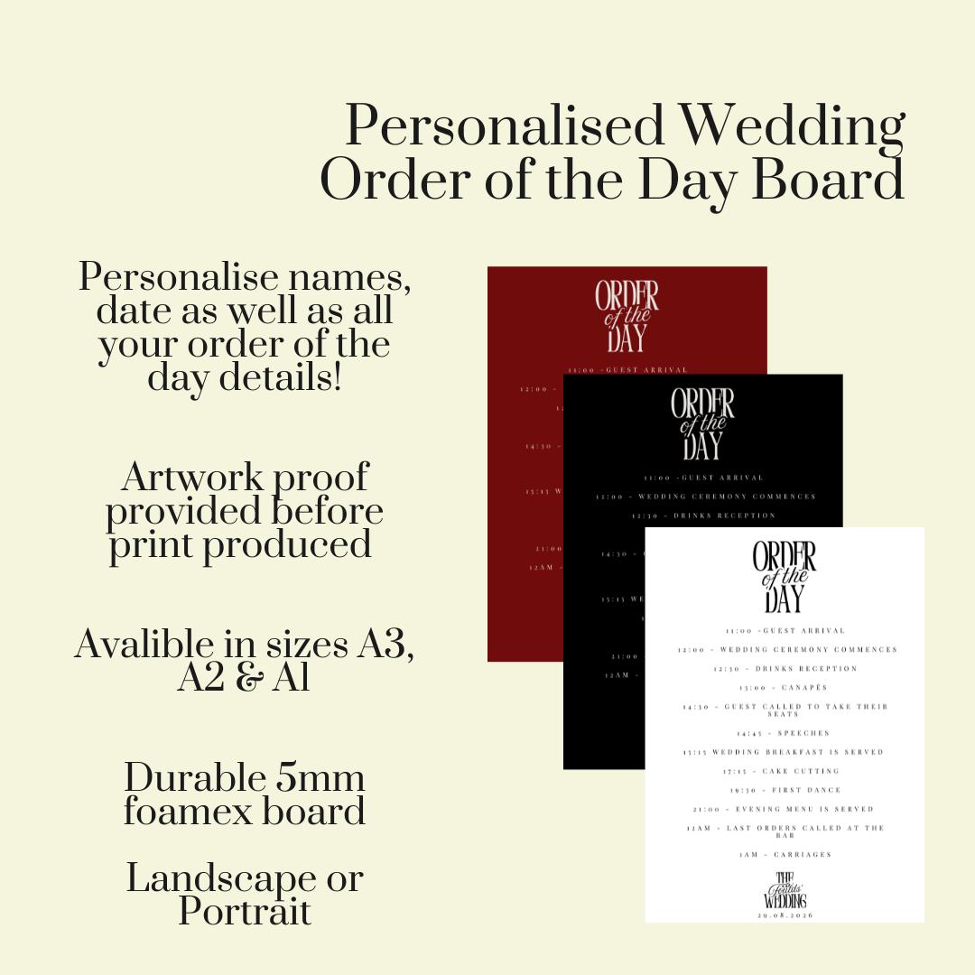 Wedding Order of the Day Sign, Personalised Timeline Board, Modern Wedding Schedule, Portrait or Landscape A1,A2,A3 x 3 Colours