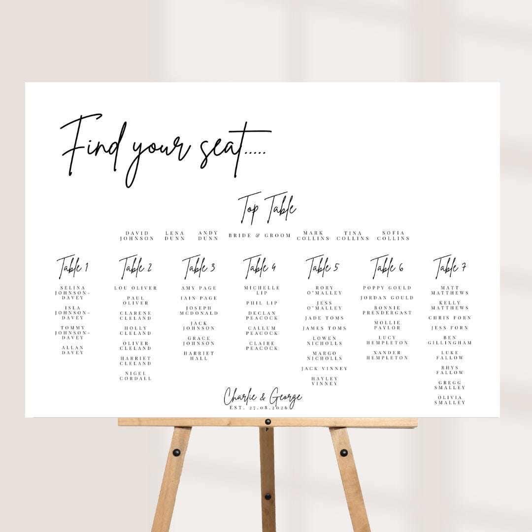 Wedding Seating Plan Board, Personalised Find Your Seat Sign, Minimalist Table Plan, Portrait or Landscape A1, A2, A3