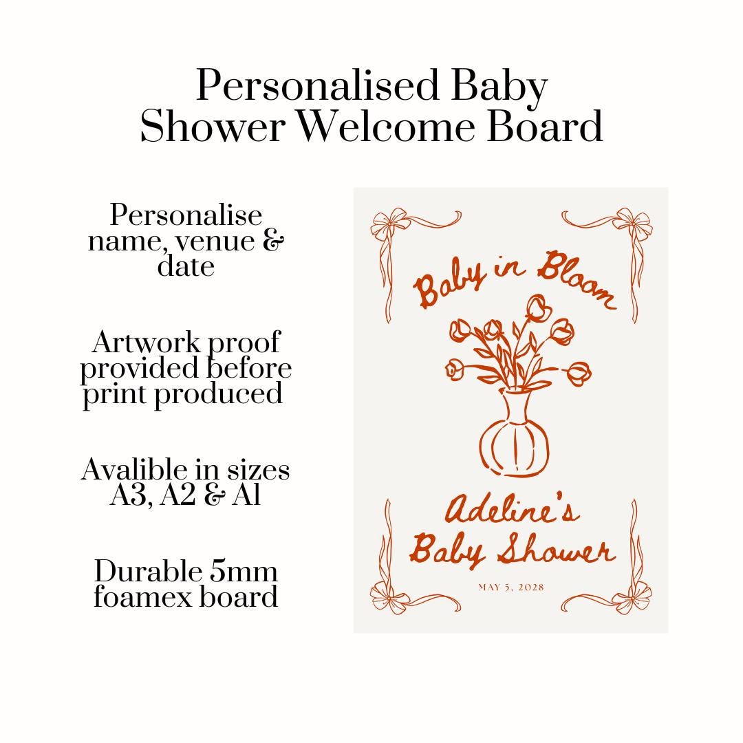 Personalised Baby in Bloom Welcome Board, Baby Shower Welcome Sign, Custom Baby Shower Board, Bow Sign, A3 A2 A1