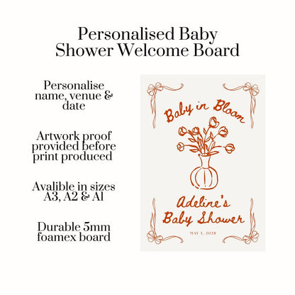 Personalised Baby in Bloom Welcome Board, Baby Shower Welcome Sign, Custom Baby Shower Board, Bow Sign, A3 A2 A1