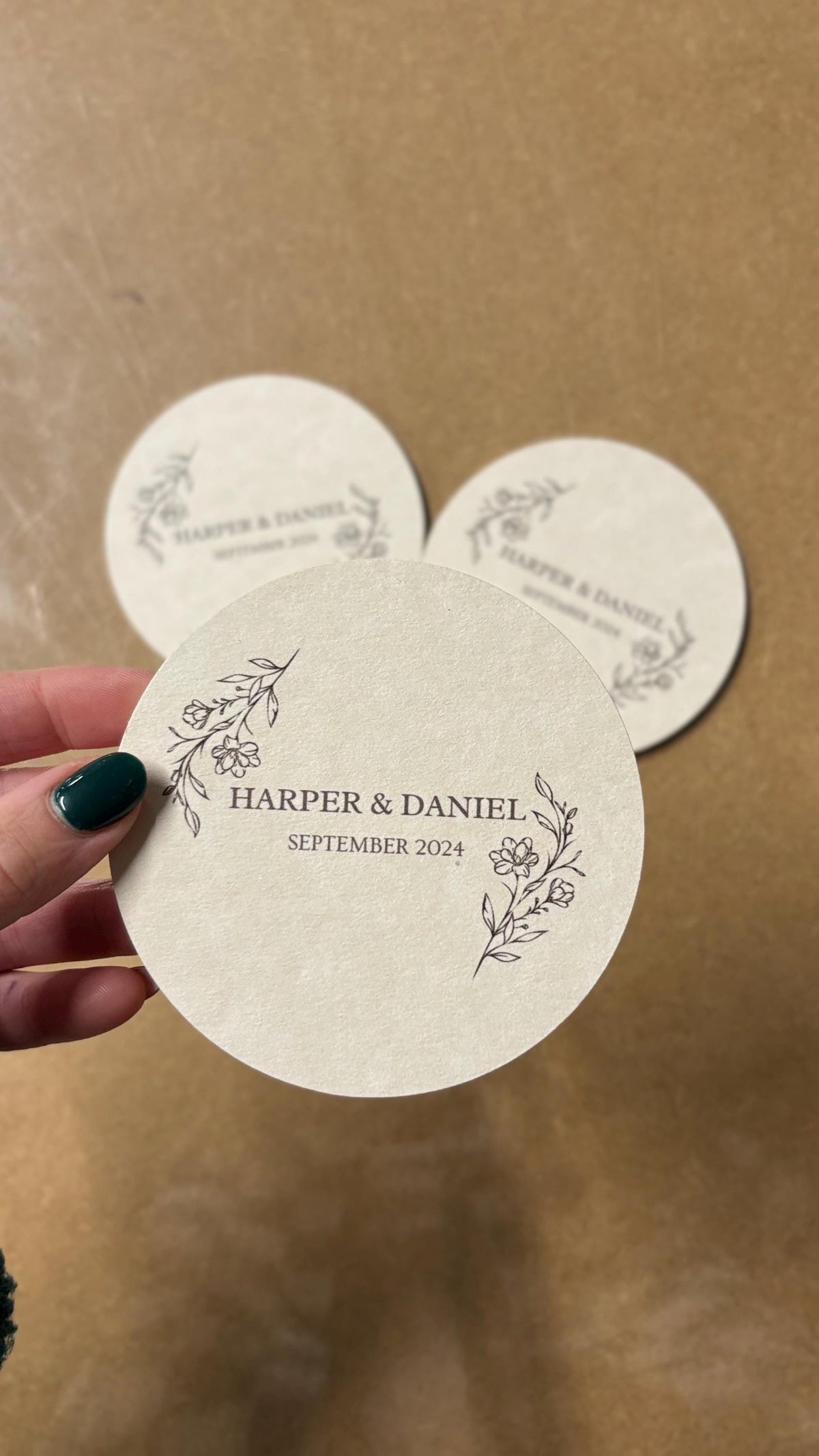 Personalised Wedding Coasters, Custom Wedding Beer Mats, Floral Wedding Favour Coasters, Names And Date Coasters