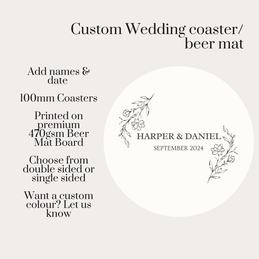 Personalised Wedding Coasters, Custom Wedding Beer Mats, Floral Wedding Favour Coasters, Names And Date Coasters