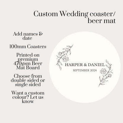 Personalised Wedding Coasters, Custom Wedding Beer Mats, Floral Wedding Favour Coasters, Names And Date Coasters