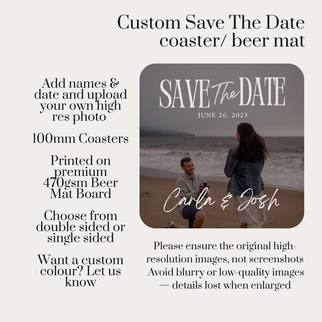 Save The Date Coasters, Personalised Photo Wedding Beer Mats, Custom Wedding Coasters, Engagement Announcement Favours