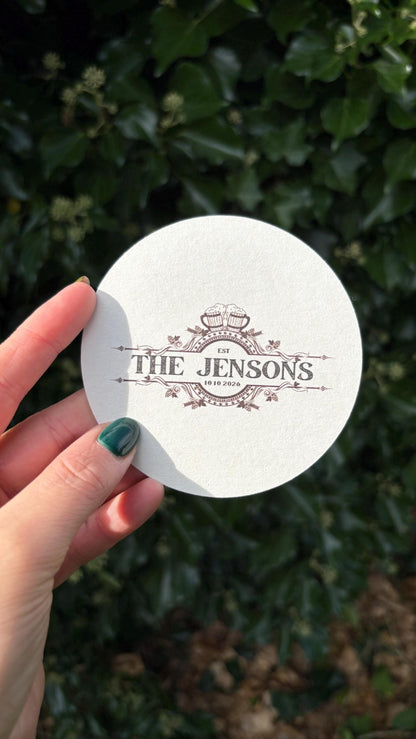 Personalised Wedding Beer Mats, Custom Wedding Coasters, Pub Style Wedding Favours, Names And Date Coasters