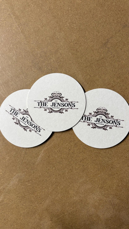 Personalised Wedding Beer Mats, Custom Wedding Coasters, Pub Style Wedding Favours, Names And Date Coasters