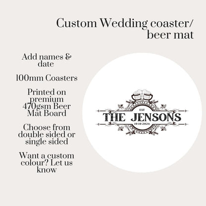 Personalised Wedding Beer Mats, Custom Wedding Coasters, Pub Style Wedding Favours, Names And Date Coasters