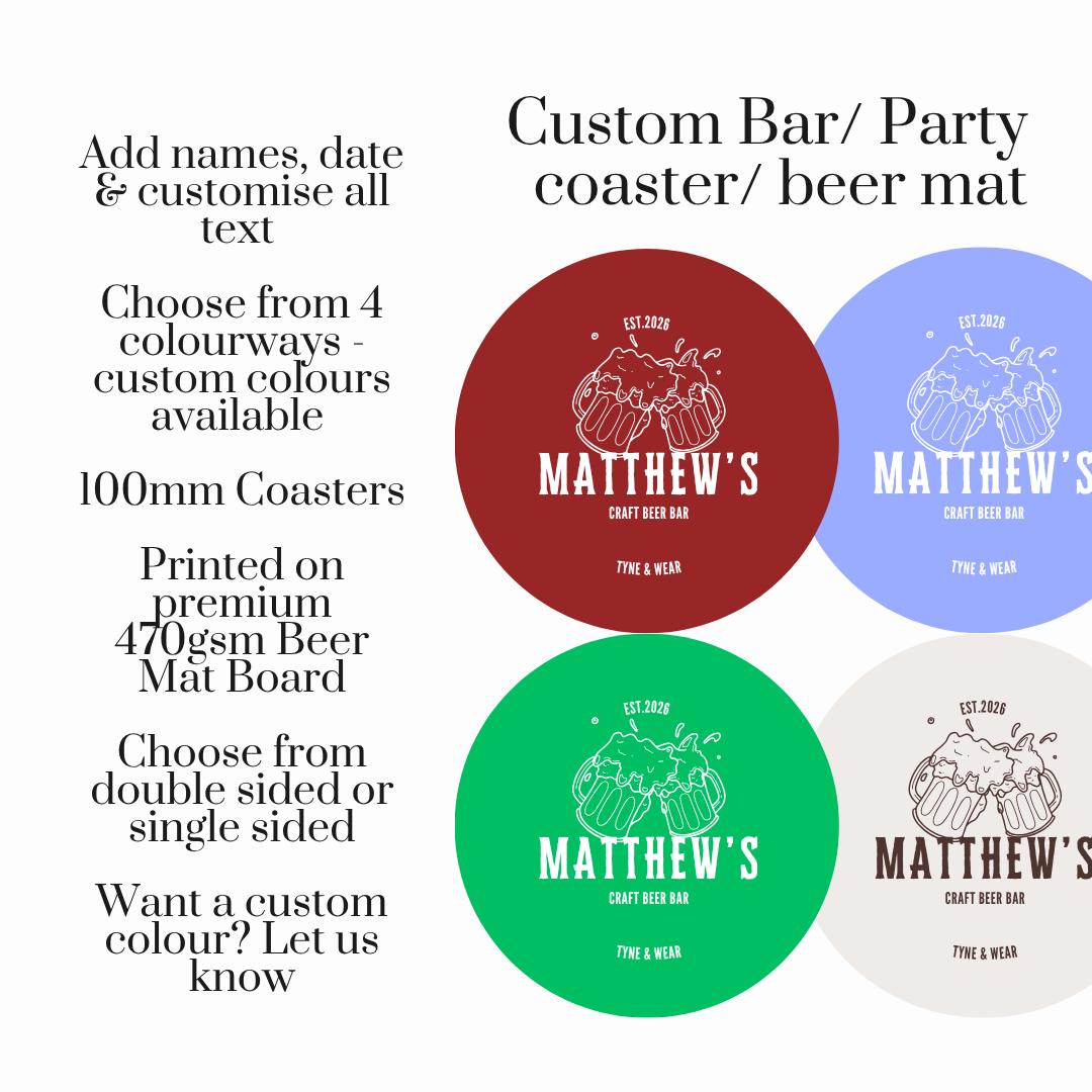 Personalised Craft Beer Bar Coasters, Custom Beer Mats, Home Bar Gift, Pub Style Party Coasters, Beer Lover Gift