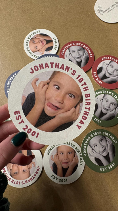 Photo Birthday Coasters, Personalised Birthday Beer Mats, Custom Party Coasters, 18th 21st 30th 40th 50th Birthday Favours