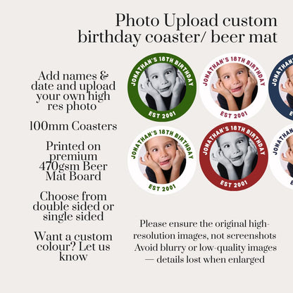 Photo Birthday Coasters, Personalised Birthday Beer Mats, Custom Party Coasters, 18th 21st 30th 40th 50th Birthday Favours
