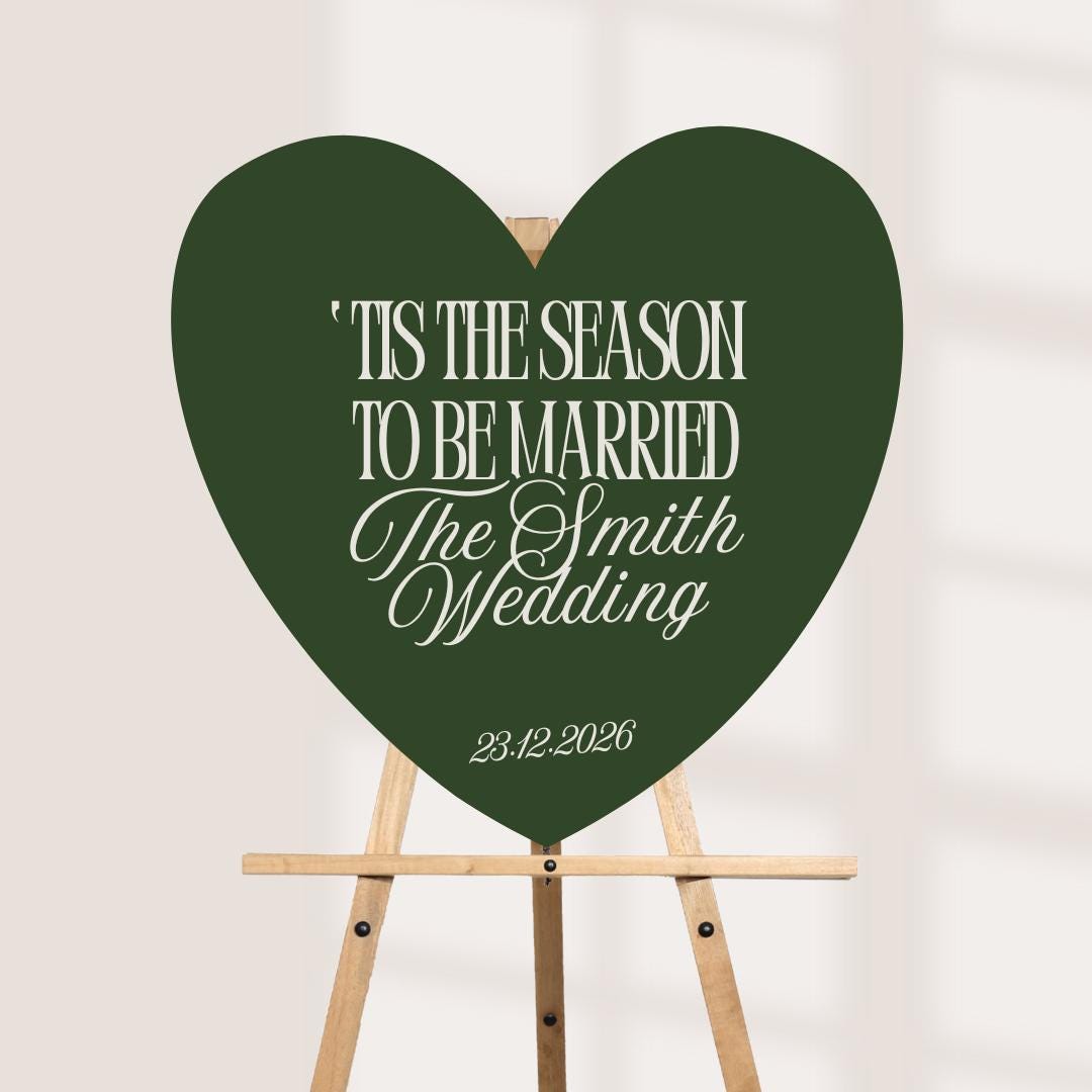 Christmas Wedding Heart Sign, Personalised Tis The Season To Be Married Board, Burgundy Green Cream Wedding Sign