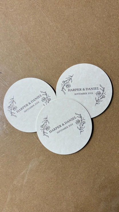 Personalised Wedding Coasters, Custom Wedding Beer Mats, Floral Wedding Favour Coasters, Names And Date Coasters