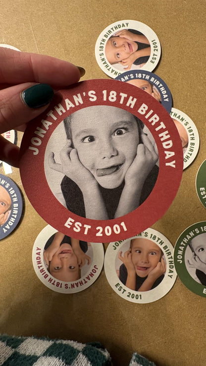 Photo Birthday Coasters, Personalised Birthday Beer Mats, Custom Party Coasters, 18th 21st 30th 40th 50th Birthday Favours