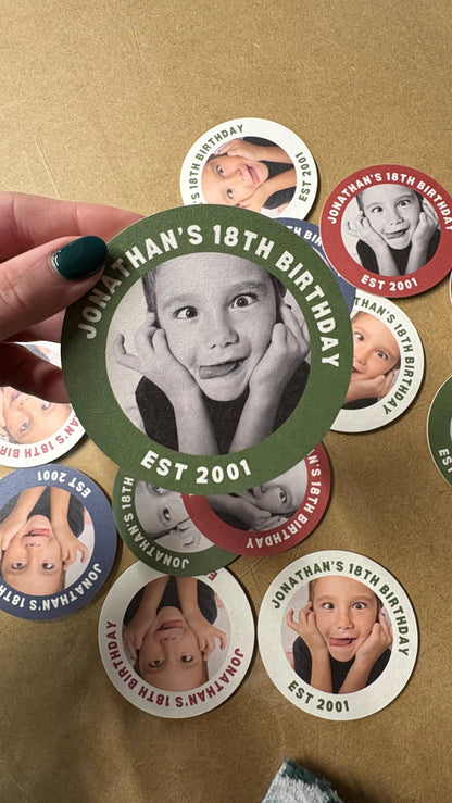 Photo Birthday Coasters, Personalised Birthday Beer Mats, Custom Party Coasters, 18th 21st 30th 40th 50th Birthday Favours