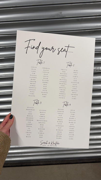 Wedding Seating Plan Board, Personalised Find Your Seat Sign, Minimalist Table Plan, Portrait or Landscape A1, A2, A3