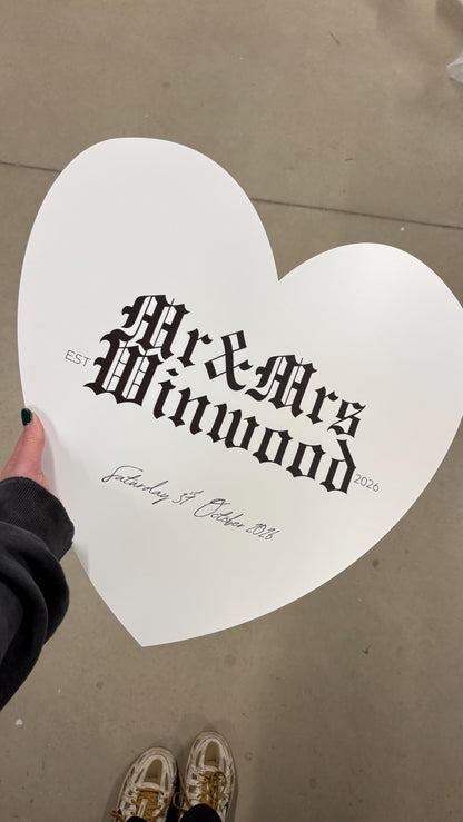 Personalised Wedding Welcome Sign – Modern Gothic Heart Board – Custom Couple Names Sign – Engagement or Wedding Decor
