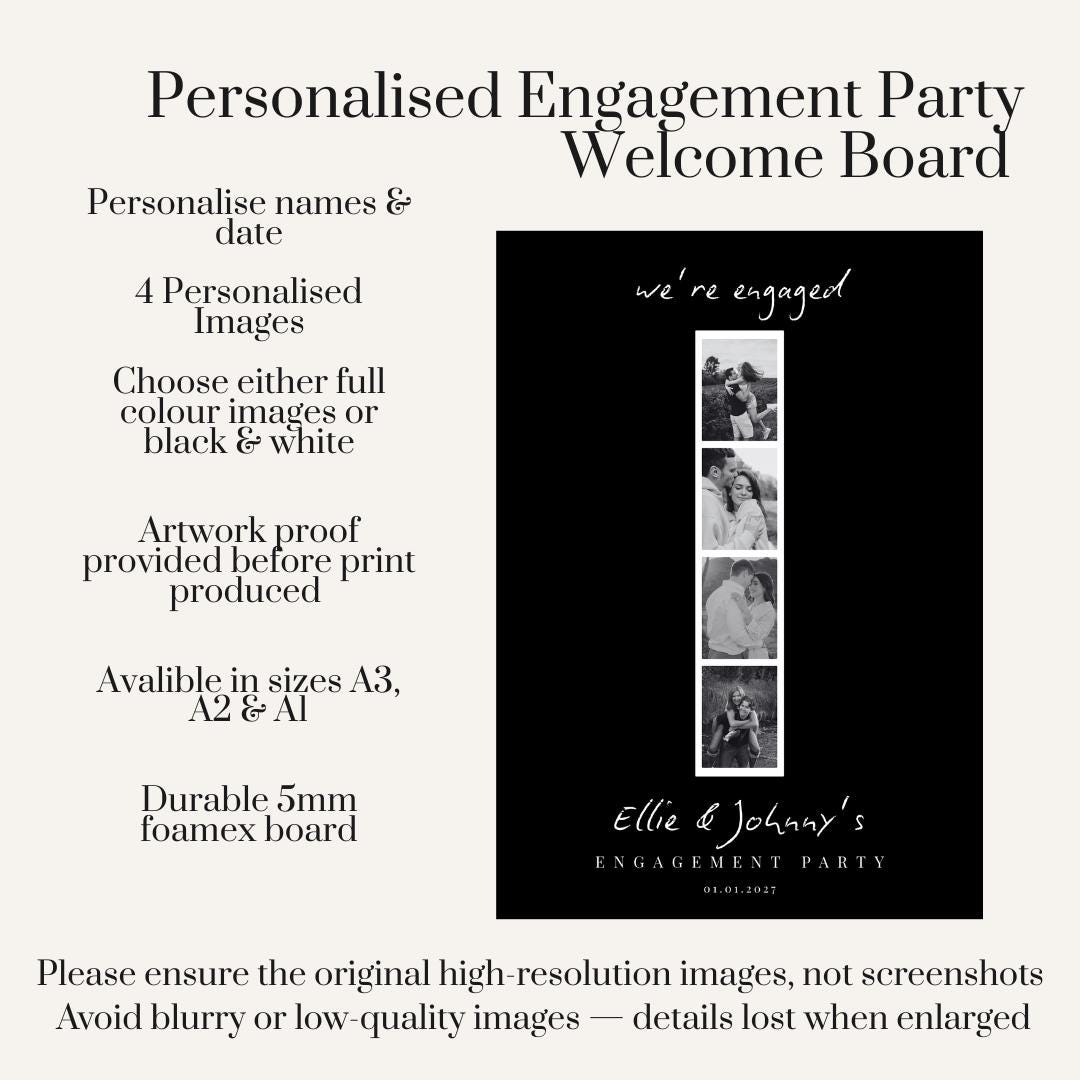 Personalised Engagement Party Welcome Board, Photo Booth Strip Engagement Sign, Custom Couple Photo Board, A3 A2 A1