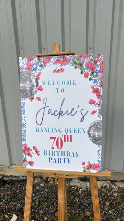 Greek Island Birthday Welcome Board, Personalised Disco Birthday Party Sign, Dancing Queen Birthday Board, A3 A2 A1