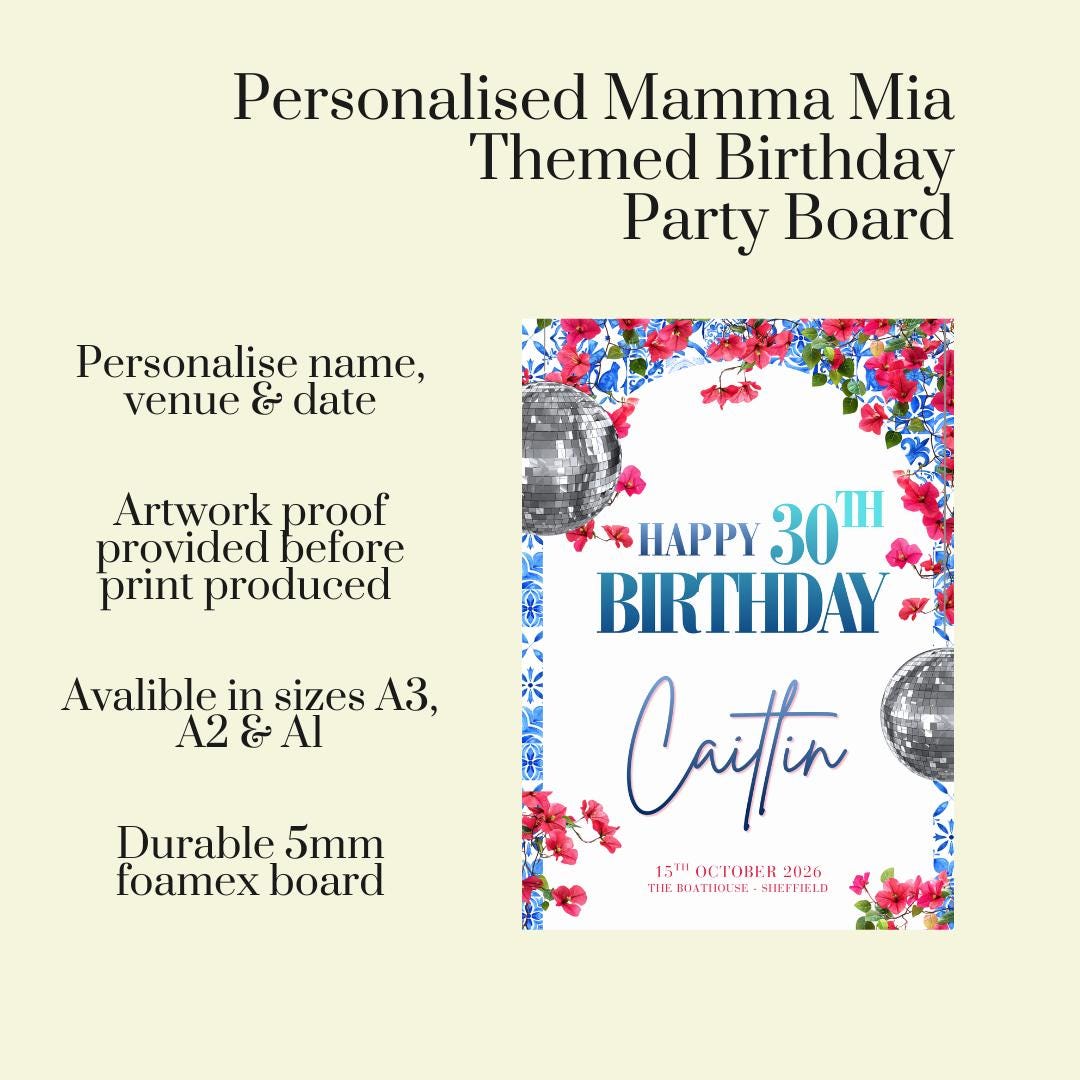 Greek Island Birthday Welcome Board, Personalised Disco Birthday Party Sign, Dancing Queen Birthday Board, A3 A2 A1