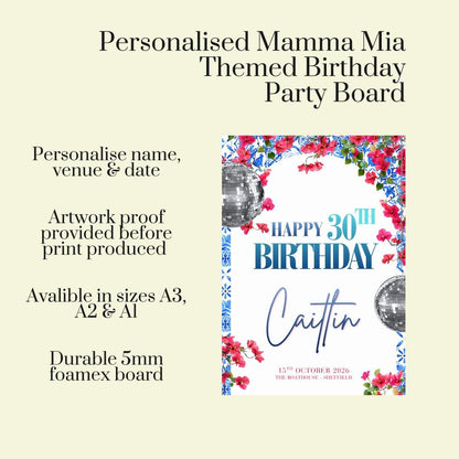 Greek Island Birthday Welcome Board, Personalised Disco Birthday Party Sign, Dancing Queen Birthday Board, A3 A2 A1
