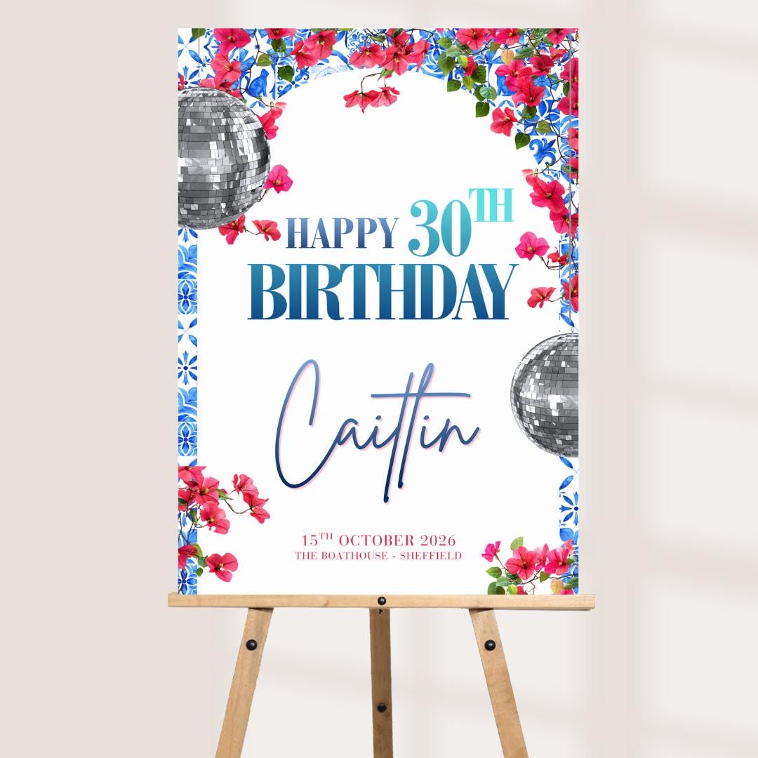 Greek Island Birthday Welcome Board, Personalised Disco Birthday Party Sign, Dancing Queen Birthday Board, A3 A2 A1