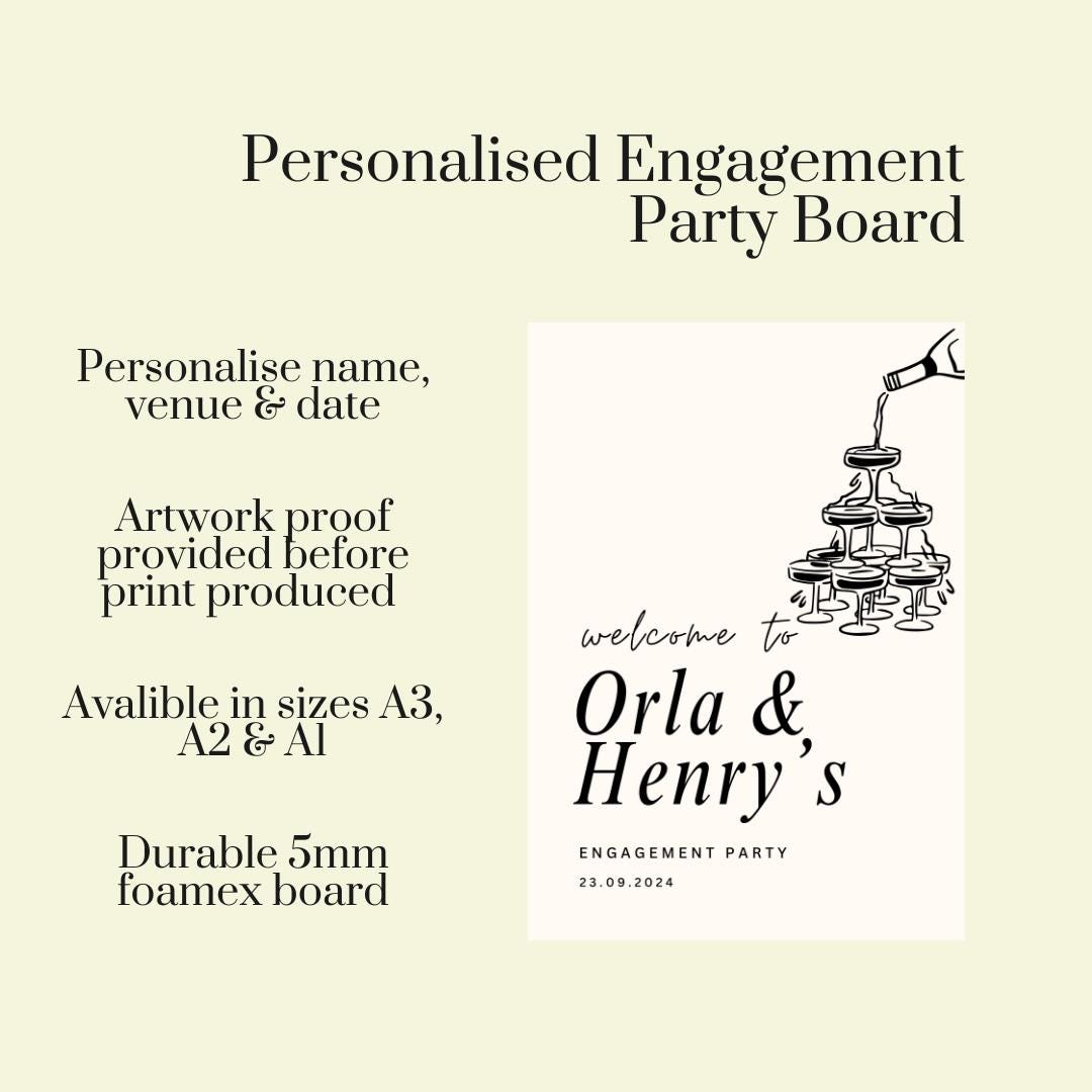 Personalised Engagement Party Welcome Sign, Champagne Tower Party Board, Custom Engagement Welcome Board, A3 A2 A1